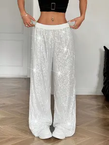 Retro American Sequin Wide Leg Pants, Elastic Waist Straight Leg Trousers, Flowy Loose Fit, Sparkly Sequin Detail, American Streetwear, Viral Ins Outfit, Street/Party/Club/Festival/Casual Wear, Versatile Casual Trousers