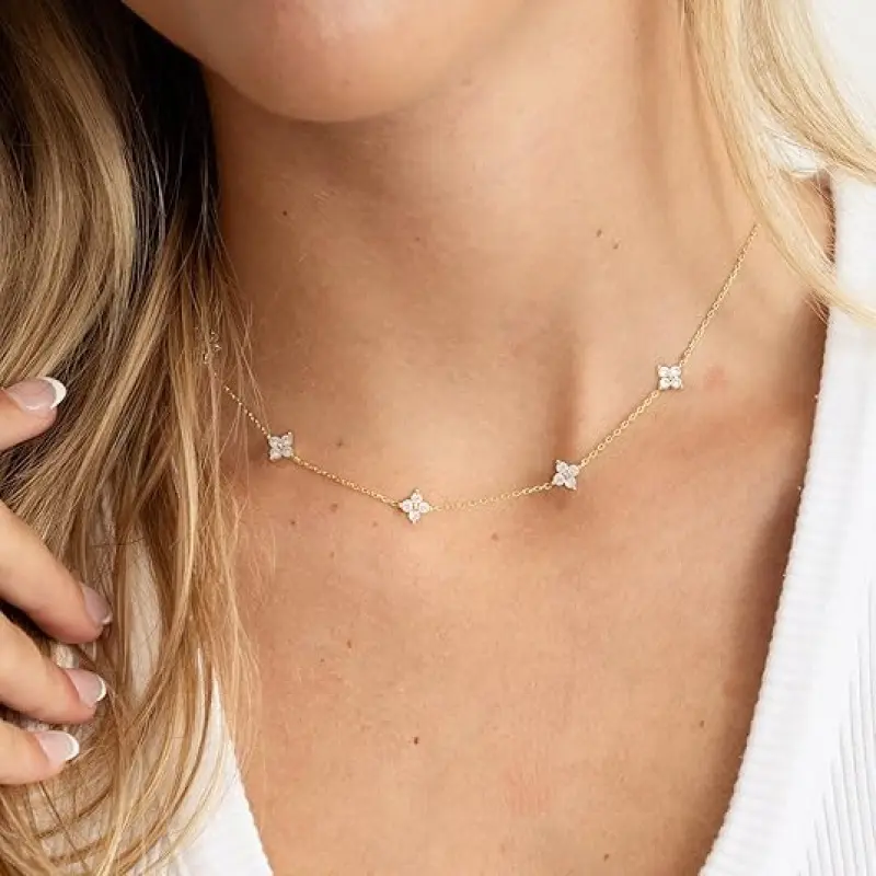 Women's Dainty Flower Chain Necklace, 18K Gold-Plated CZ Station Collarbone Jewelry, Cute Minimalist Gift (Necklaces for Women)