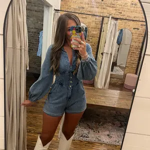 Denim Romper with Bubble Sleeves, Button-Down Front, Relaxed Fit, Comfortable Western-Inspired Look for Women's Romper- Womenswear Overalls - Western-Wear - Country Concert Outfit Inspiration