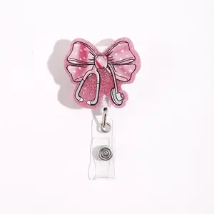 Sparkle Polka Dot Badge Reel, Nurse Badge Reel, Medical Theme ID Holder with Stethoscope Design, Retractable Clip & Transparent Card Slot