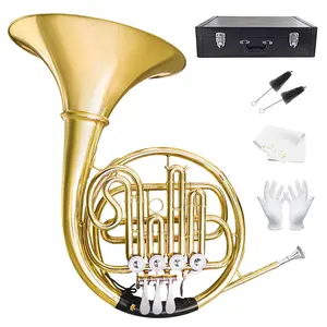 B Flat 4 Key Single Row French Horn, Lacquered Gold Brass F Horn with Hard Case, Professional Grade for Beginners, Students, Exams, Stage Performances, Orchestra Practice & Daily Training