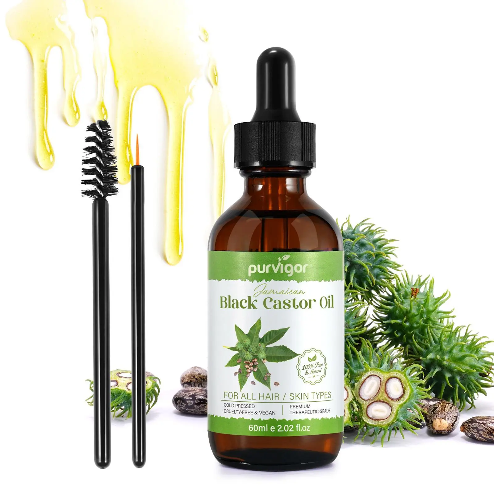 Purvigor Castor Oil, 60ML Bottle for Oily Hair Care, Strengthens Follicles, Soothes Scalp, Enhances Healthy Hair Quality