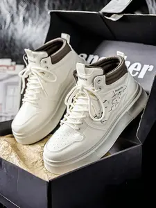 1 Pair Men's Khaki-Black Color Block High-Top Platform Casual Shoes, Retro Workwear Style, Leather Material, Excellent Texture & Comfort for Daily Wear & Trendy Street Style