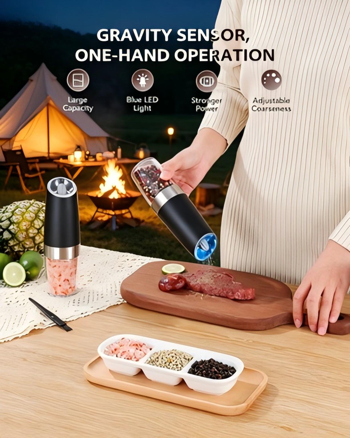 Gravity electric salt and pepper grinder set, automatic shakers mill with LED light, battery-powered, adjustable coarseness, one-hand operation, upgraded larger capacity.