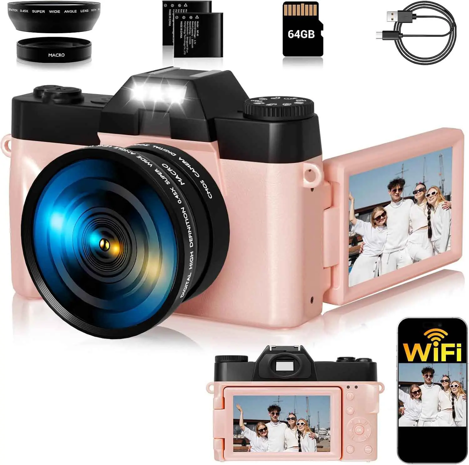 Digital Camera with Flip Screen, 16X Zoom, Wide Angle Lens, WiFi, Portable Vlogging Camera for Beginners and Travel, Rechargeable, USB Port, 64GB Micro SD Card, 2 Batteries