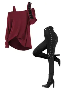 DRESSLILY 2025 Women Outfit Skew Neck Textured Solid Color Top and Grommet Lace Up Pants Set Autumn Matching Outfits