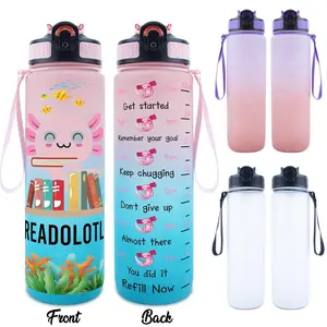 32oz Water Bottle, 1 Count Cute Axolotl Reading Themed Design Water Bottle with Time Scale, Drinking Bottle for Home Office School, Drinkware