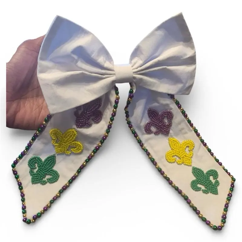 Mega 9.5” Beaded Fleur De Lis LSU Statement Bow - XL NOLA Style Hair Clip
