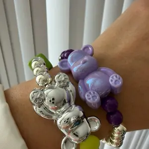 Teddy Bear Chunky Bracelet Colorful Charm Jewelry with Purple and Silver Bear Beads for Stylish Accessory