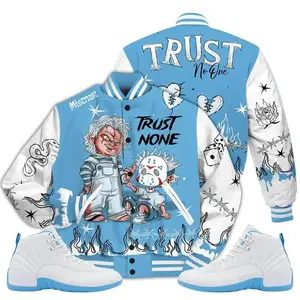 Melo 12 Inspired Varsity Jacket, Retro Sneaker Style Baseball Coat, Trust None Graffiti Streetwear, Trendy Unisex Outfit Gift
