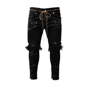New Men's Slim Fit Ripped Ankle-Tied Pants New Men's Paint Jeans Menswear Asian Denim Trouser High Street Skinny Bleached Jeans