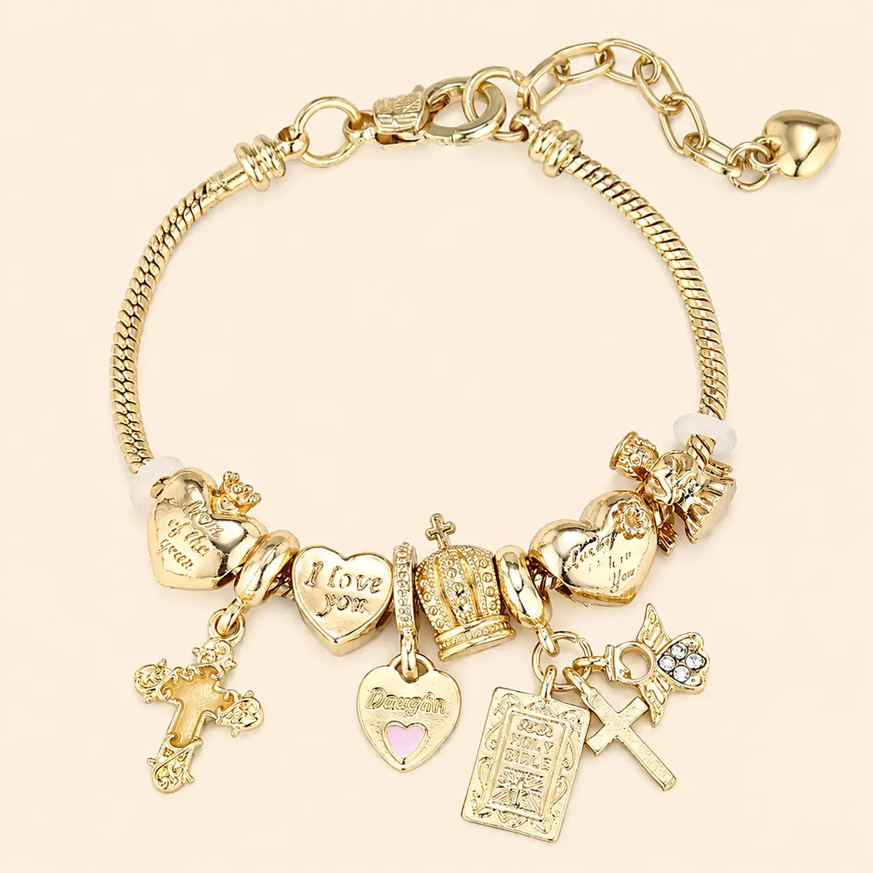 Religious Zinc Alloy Charm Bracelet - Detachable Adjustable Link Chain Jewelry with Angel, Cross and Heart Charms, Inspirational Customized Pendant Design, Exquisite Trendy Couple Bracelet