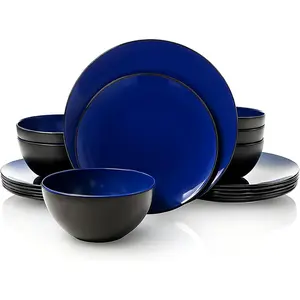 18- Dinnerware Set, Melamine Dishes Set with Bowls and Plates, Service for 6, Non-breakable Lightweight Dining Tableware, Blue and Black