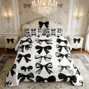 Bow Bedding,Black and White Comforter Set,Black Bow Tie Bed Set,Watercolor Bowknot Duvet Insert