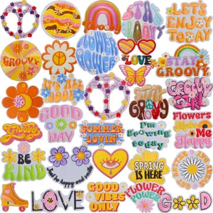 31pcs Hippie Groovy Style Embroidered Patches Boho Flower Butterfly Colorful Words Iron/Sew on Patch Repair Appliques for DIY Clothing Hats Jeans Backpacks Decorative Accessories
