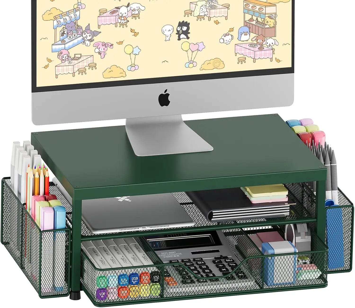 OPNICE Desk Organizer and Accessories, 2-Tier Computer Monitor Stand Riser with Drawer and 2 Pen Holders, Laptop Stand, Office Desk Accessories for Office Supplies, 1 Pack, Dark Green