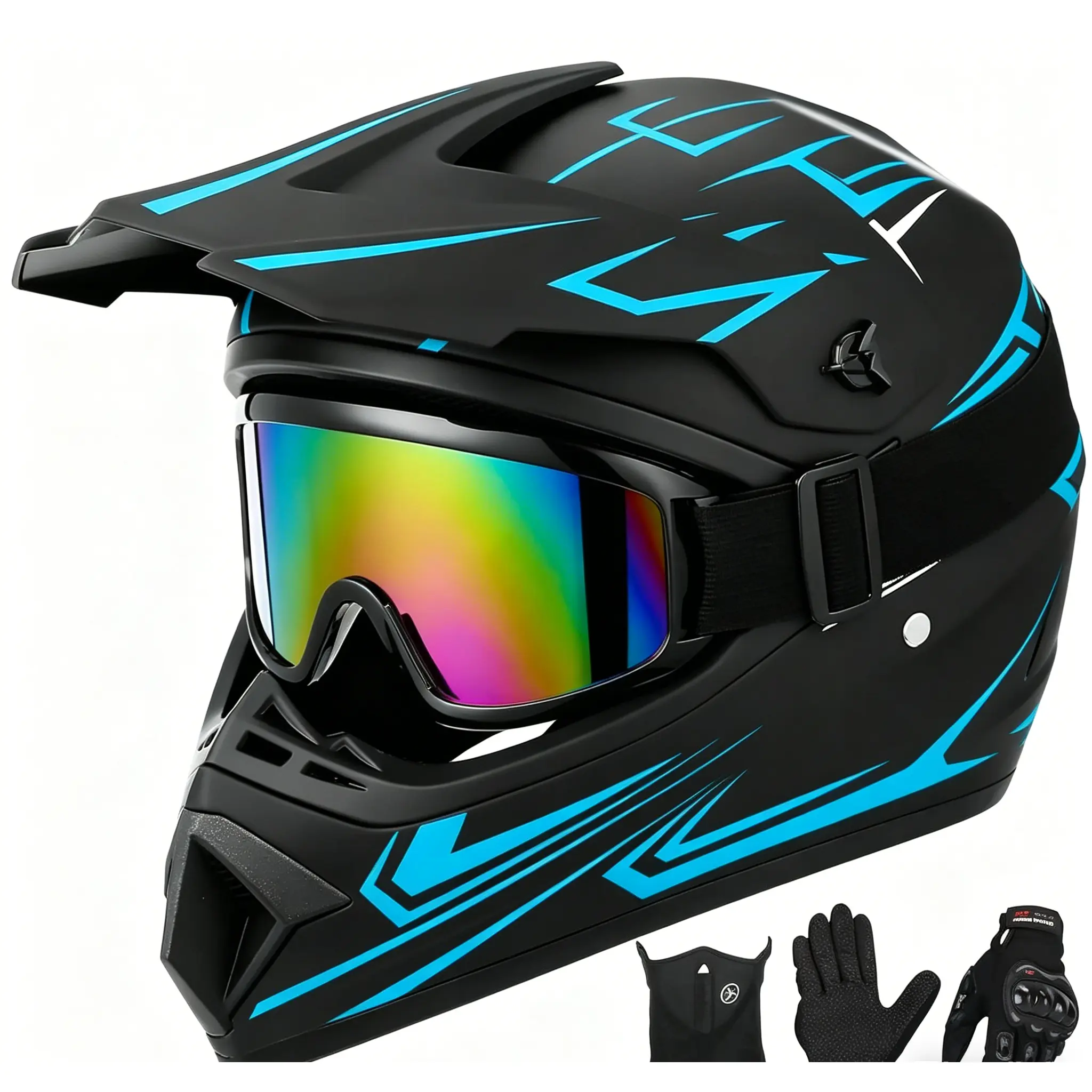 DOT Certified Motocross Helmet 4-Piece Set, Off-Road Dirt Bike Helmet Suitable for Adults Youth Kids, Universal Fit for ATV 4 Wheel Off-Road Vehicle Motorcycle Street Bike Mountain Bike Outdoor Riding Protective Helmet,Blue,Size(S,M,L,XL)