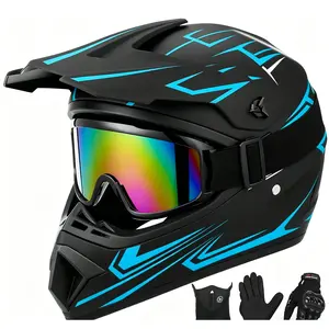 DOT Certified Motocross Helmet 4-Piece Set, Off-Road Dirt Bike Helmet Suitable for Adults Youth Kids, Universal Fit for ATV 4 Wheel Off-Road Vehicle Motorcycle Street Bike Mountain Bike Outdoor Riding Protective Helmet,Blue,Size(S,M,L,XL)