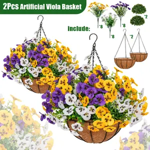 2Pcs UV-Resistant Outdoor Indoor Hanging Flower Baskets, Artificial Flowers for Outside, Pansy Hanging Planter, No-Fade Floral for Porch, Garden, Balcony & Fence Decor
