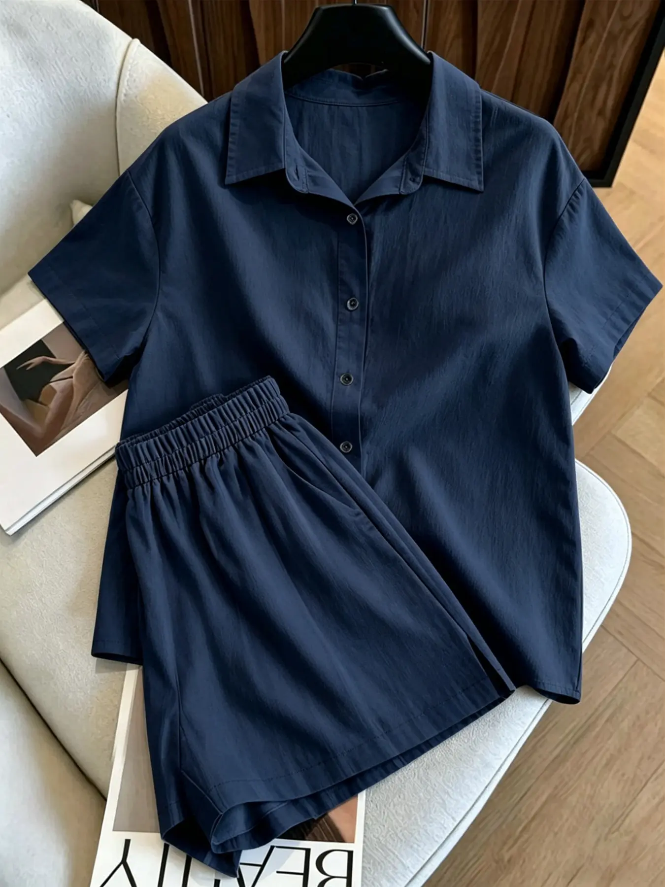 Women's Two-Piece Outfits Set, Loose-Fit Casual Shirt and Shorts, Basic Plain Short Sleeve Collared Button-Down, Spring Summer, Daily Wear, Womenswear, Clothes