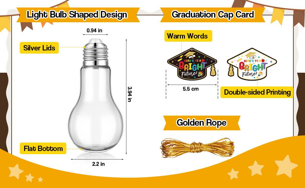 36/48 Pcs Graduation Cap Candy Jars, Graduation Gifts Class of 2026 Plastic Light Bulb Jars with Graduation Cards, Bear Candy Jar with Graduation Cap with Tassel Grad Container Drinking Cups Fillable Drink Graduation Decoration Treat Grad Party Supplies