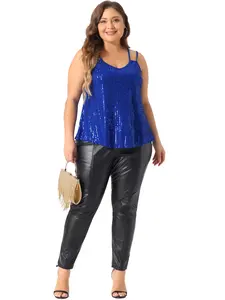 Agnes Orinda Plus Size Women's Metallic Sparkle Sleeveless Spaghetti Strap Cami Party Tank Tops Sequin Tops