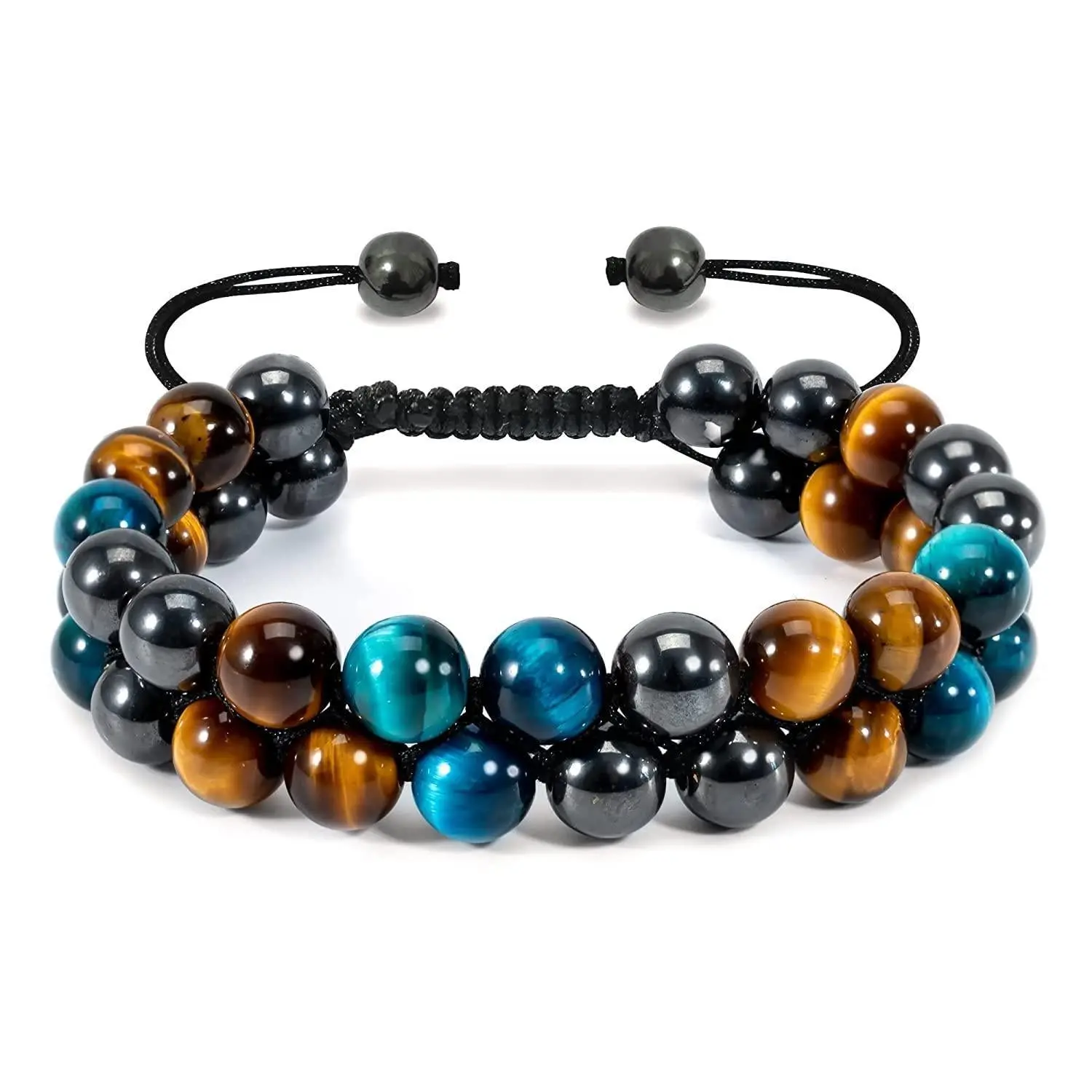Natural Crystal Beaded Bracelets for Adults - 8MM-10MM Black Obsidian, Hematite, Blue Tiger Eye & Lava Stone, Triple Protection Healing Crystal Bracelet