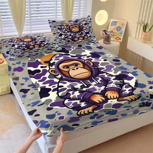 Bape Purple Camo Fitted Sheet Set, 1 Fitted Sheet and 2 Pillowcases, Trendy Street Elements with Hooded Ape Images, Soft Skin-Friendly Anti-Slip Wrinkle Resistant, Fashionable Bedroom Decor for Boys & Girls