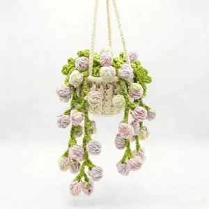 NEW Cute Potted Plants Crochet Car Basket,Hanging Plant Crochet for Car Decor,Car Ornament Rear View Mirror Hanging Accessories