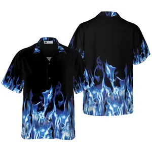 Blue Flame Hawaiian Shirt, Short Sleeve Casual Button Down Shirts Summer Beach Shirt, Tropical Floral Shirt