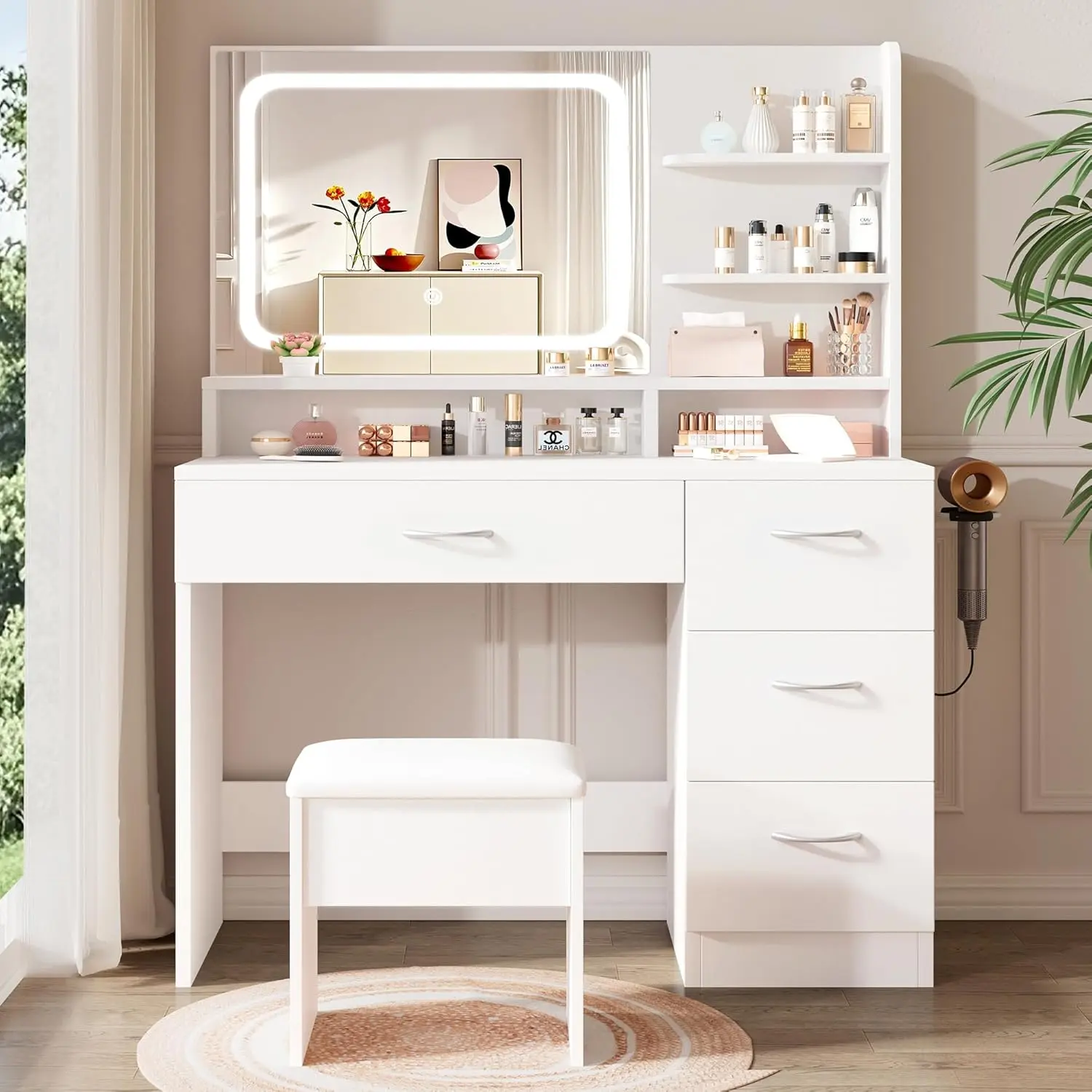 Elegant Makeup Vanity with Lighted Mirror and Storage Drawers; White Dressing Table for Women, Ideal for Bedrooms, Living Rooms, and Dorms.