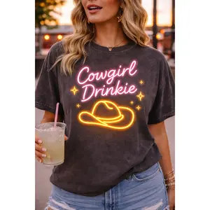 Cowgirl Drinkie T-Shirt | Retro Neon Hat Graphic