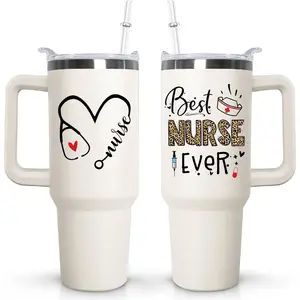Ceovfoi 40 oz NurseTumbler with handle Lid and Straw, Best Nurse Ever Vacuum Insulated Travel Coffee Mug CupTumbler,Nurse Gifts for Women
