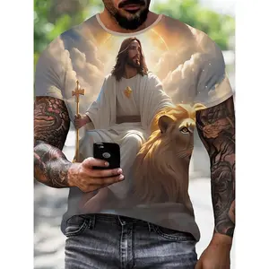 3D Jesus and Lion Digital Print Men's Fashion Short Sleeve Crew Neck T-Shirt, Suitable for Summer Outdoor Casual Sports Wear
