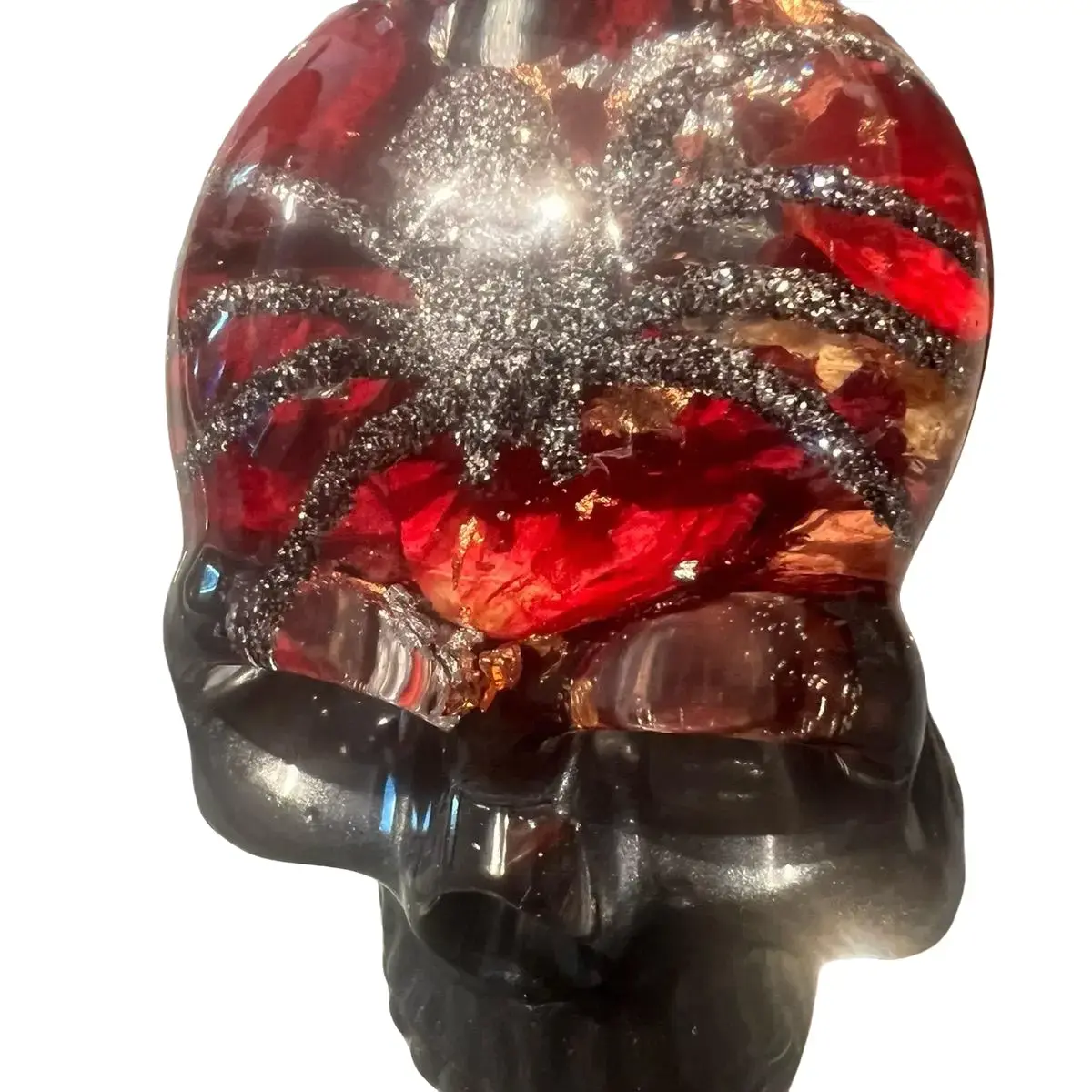 Epoxy Resin Skull with Spider Design, Featuring Petals, Beautiful Red and Brown Accents, Elegant and Unique Sculpture