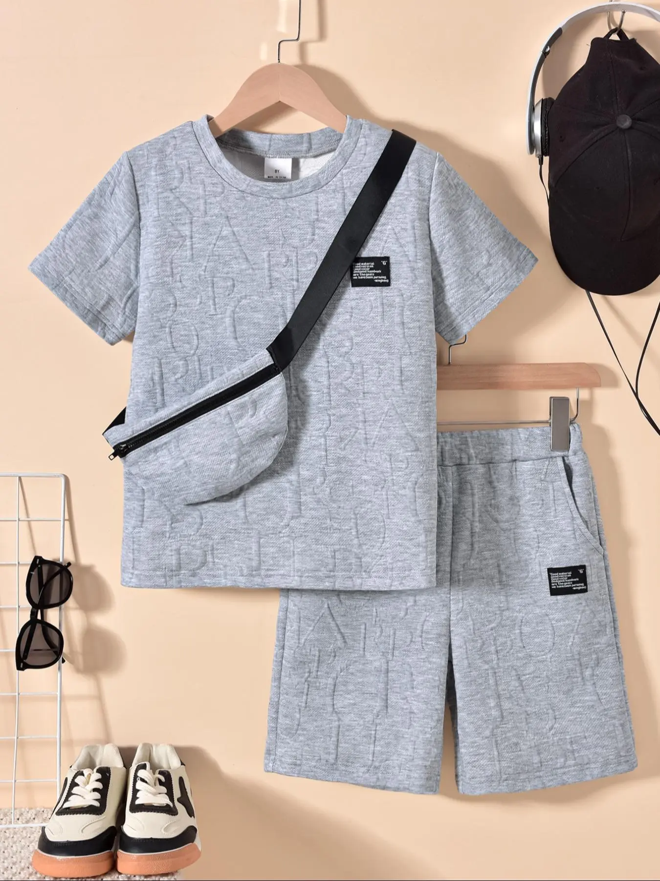 Three-piece Set Boy's Letter Pattern Co-ord Set, Casual Short