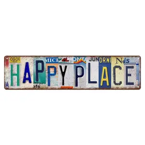 "Happy Place" License Plate Metal Sign, 4"×16" (10×40cm) Retro Inspirational Wall Decor, Perfect for Bedroom, Dorm, Office, Gift for Home Lovers