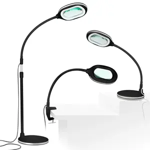 Lightview Pro 3- in 1 LED Magnifying Glass Floor Lamp- Use as a Table, Floor, or Desk Lamp - Real Diopter Glass Lens - Height Adjustable Gooseneck Standing Light