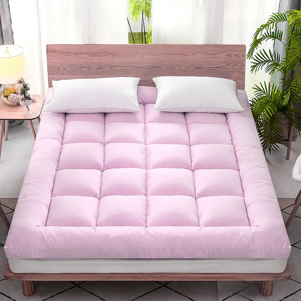 Thick Mattress Pad Quilted Cooling Mattress Topper Cover Breathable Filled Soft Pink Polyester Fiber 72D Hollow Fiber Machine Washable