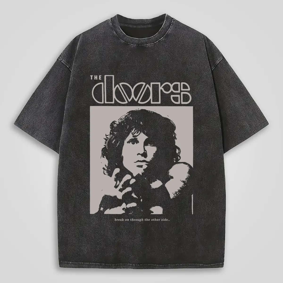 Men's The Doors Iconic Band Art Graphic Print Crew Neck Acid Wash Shirt, 230gsm Heavyweight Medium Length Wide Shoulder Unisex Cotton Streetwear Casual Tee Top