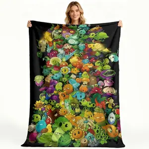 Zombie Garden Double-Sided Soft Blanket |   Black and green retro video game style zombie and vegetable print, comfortable polyester fleece all-season bedspread, suitable for sofa, bed, room decoration, machine washable