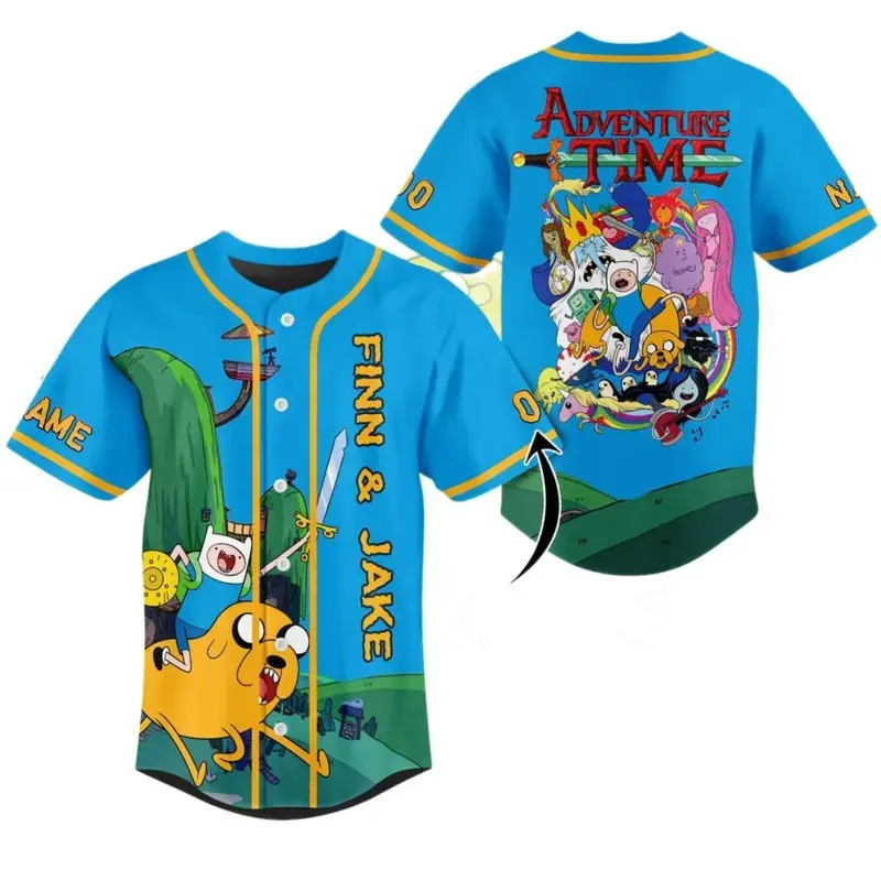 Adventure Time Baseball Jersey Finn and Jake Cartoon Streetwear Button Up Shirt Premium Polyester Breathable Mesh Casual Activewear Retro Nostalgia Gift for Men Women