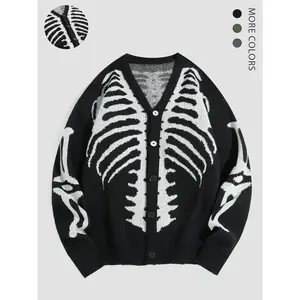 Halloween Outfit Ideas, Men’s Halloween Skeleton Print Button-Front Cardigan, Regular Fit Casual Drop-Shoulder Long-Sleeve V-Neck Knitwear for Autumn and Winter, Men’s Knitwear for Everyday Wear, Halloween Costumes 2685