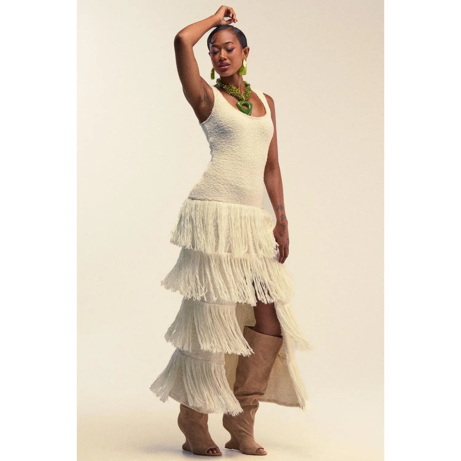 ROGUE HEART KNIT FRINGE MAXI DRESS