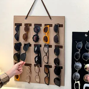 Jewelry display and packaging products 1pc wall-mounted khaki/black 15-hole glasses hanging bag wall-mounted sunglasses rack multi-grid display stand felt integrated glasses storage artifact