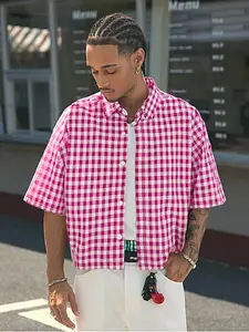 Men's Vintage Plaid Checkered Gingham Short Sleeve Shirt, Summer Casual Button Design, Retro Style, Fitted Woven Fabric, Trendy Street Fashion