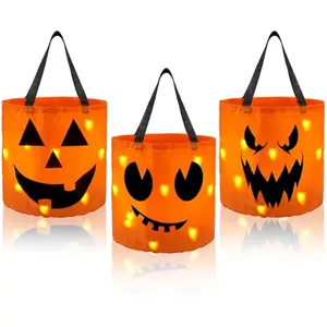 3 PCS Halloween Candy Pumpkin Buckets, 10.2 x 11.8 LED Light Trick or Treat Buckets, Orange Reusable Goody Treat Baskets for Kids Polyester Bags, Halloween Birthday Party Favor Supplies