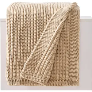 Chunky Knit Beige Throw Blanket for Couch Soft Cozy Thick  Knitted Throw for Sofa Bed Cute Decorative Blanket for Living Room,50"x 60",Ginger Beige