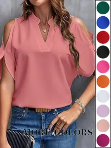 Women's Solid Color Casual Fitted T-Shirt, Short Sleeve Shoulder Out Women's T-Shirt, Lightweight Casual Commuter Wear T-Shirt