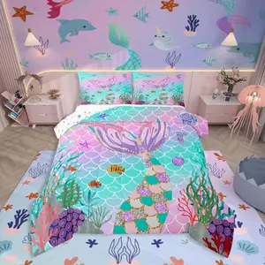 Feelyou Microfiber Mermaid Bedding Sets for Girls - Breathable Soft Blanket, Ocean Fish Scales Quilt, Rainbow Coastal Nautical Duvet Insert, Teal Pastel Pink Sea Animal Design, Microfiber Bedding Set